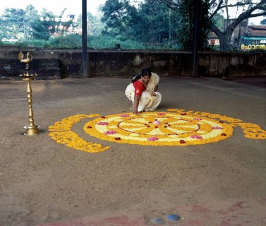 Aththapoovu or Floral decoration during Onam festival in front of Bhagavati temple in Kodungallur