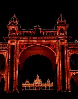 Amba Vilas Palace gateway and Palace is at its resplendent best when lit at night