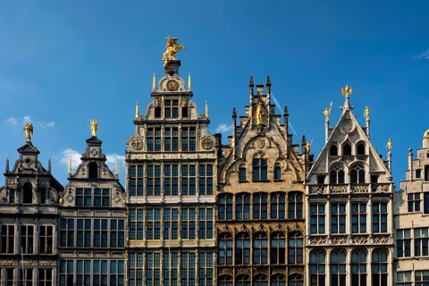 Antwerp row of 16th century old houses Monumental Guildhouses facades on Grote Markt square. Antwerp