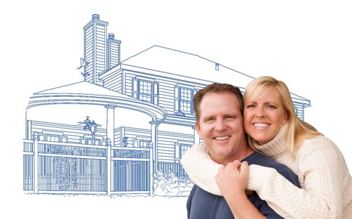 Happy hugging couple over house drawing on white