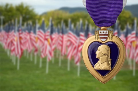 Purple heart miltary merit medal against memorial field of american flags