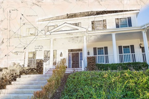 Artist rendering drawing of beautiful house facade with cross section of photographic completed home