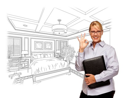 Woman with okay sign over beautiful custom bedroom drawing photo combination