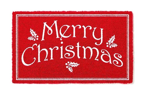 Merry christmas red welcome mat isolated on white background
