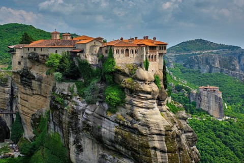 Monastery of Varlaam monastery and Monastery of Rousanou in famous greek tourist destination Meteora in Greece with scenic scenery landscape