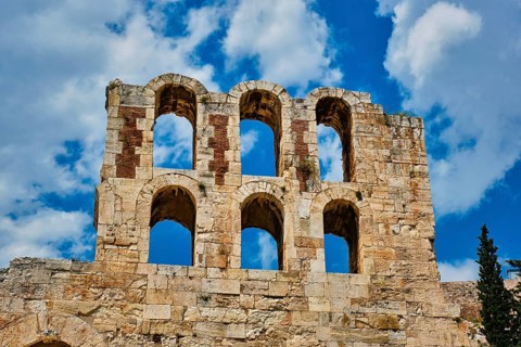 Ruins of Odeon of Herodes Atticus ancient stone Roman theater located on the southwest slope of the Acropolis hill of Athens
