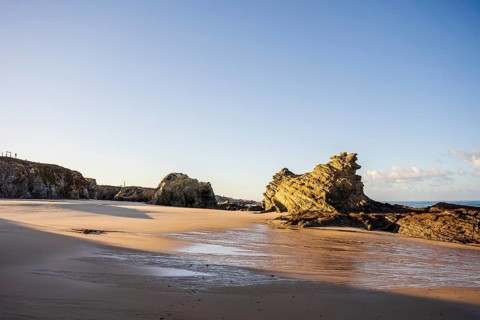 Beautiful landscape and seascape with rock formation in Samoqueira Beach