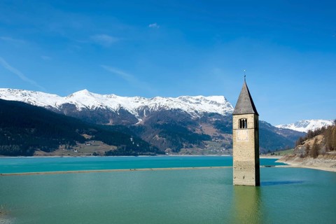 Church tower of Alt-Graun in Reschensee