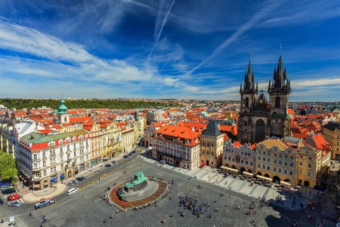 View of Stare Mesto Square and Tyn Church from City Hall
