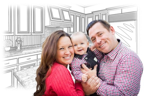 Happy young family over custom kitchen and design drawing