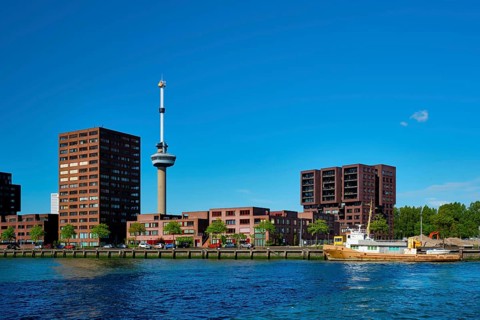 Rotterdam cityscape with Euromast observation tower and Nieuwe Maas river
