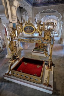 A decorated baby crib for the Maharaja's baby museum exhibition in Mehrangarh fort. Jodhpur