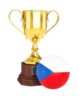 3d rendering of gold trophy cup and soccer football ball with Czech Republic flag isolated on white background
