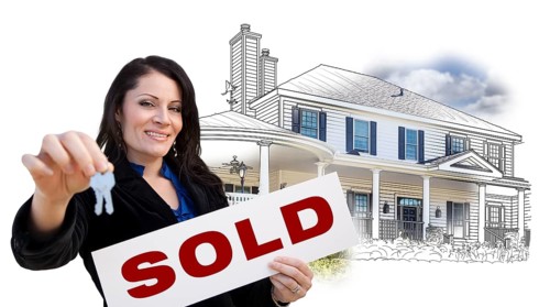Hispanic woman holding keys and sold sign over house drawing and photo combination on white