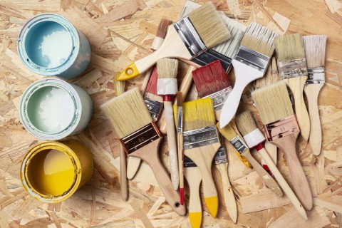 Assortment paint brushes acrylic paint