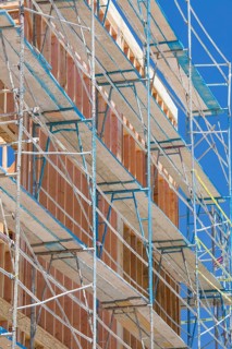 Scaffolding and wood framing at construction site