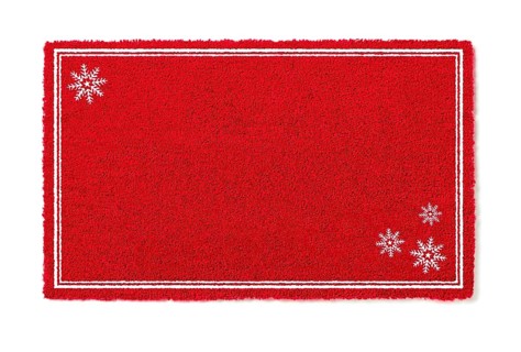 Blank holiday red welcome mat with snow flakes isolated on white background