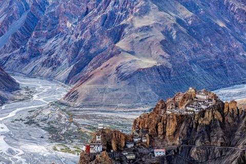 Famous indian tourist landmark Dhankar monastry perched on a cliff in Himalayas