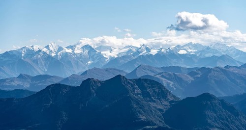 Snow-covered mountain peaks on the main ridge of the Alps