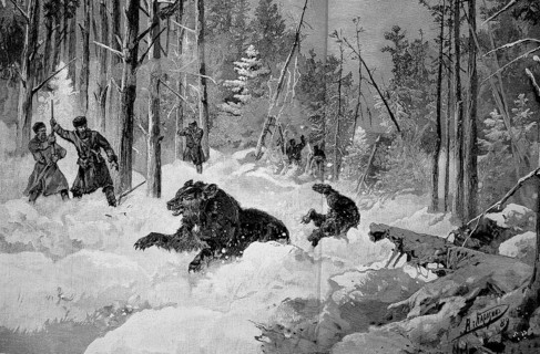 Hunters hunting bears in Russia in the winter of 1870