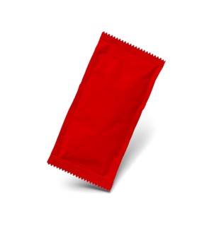 Blank red condiment packet floating isolated on white background