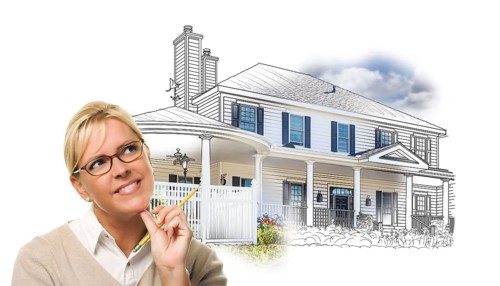 Woman with pencil over house drawing and photo combination on white