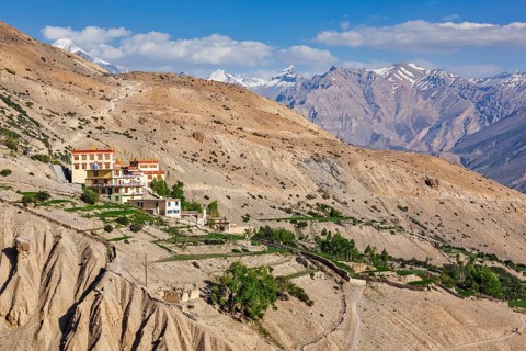 New Dhankar gompa monastery and Dhankar village on sunset