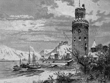 View of Oberwesel on the Middle Rhine in the Rhine-Hunsrueck district in 1870