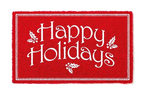 Happy holidays christmas red welcome mat isolated on white background