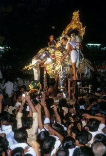 Lord Sundareswarar and Goddess priyavidai mounted on silver elephant vahanam going in a procession in Madurai