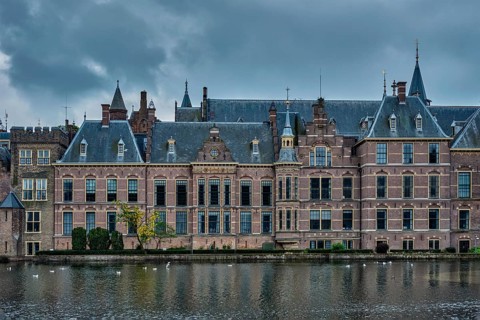 View of the Binnenhof House of Parliament and the Hofvijver lake. The Hague