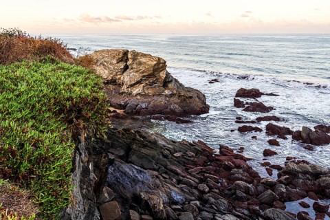 Beautiful landscape and seascape with rock formation in Samoqueira Beach