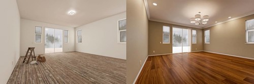 Before and after of unfinished raw and newly remodeled room of house with finished wood floors
