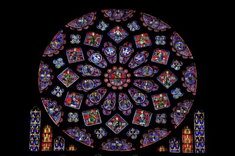 Leaded glass window rosette of the north transept in the Cathedral Notre Dame of Chartres