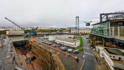 French Navy shipyard site with dry dock on the river Penfeld in the centre of Brest shortly in front of the confluence with the Bay of Brest