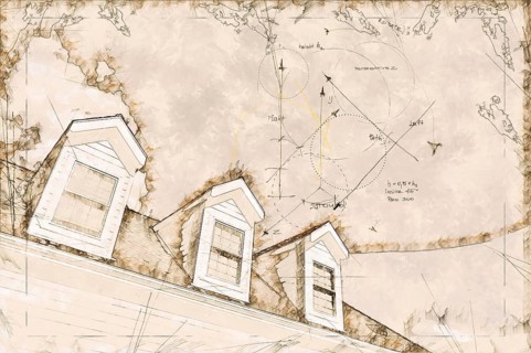 Artist rendering sketch of residential roof and dormers