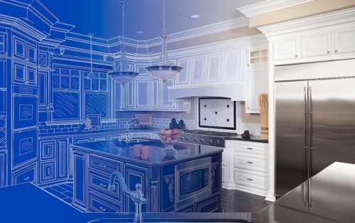 Kitchen blueprint drawing gradating into finished build