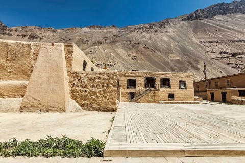 Tabo monastery of Tibetan Buddhist Gelug sect made of clay in Tabo village. Monastery is built on high Himalaya plato in tradition of Tibetan Buddhism. Tabo