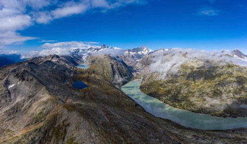 Aerial view of the Grimsel region with the 3 reservoirs