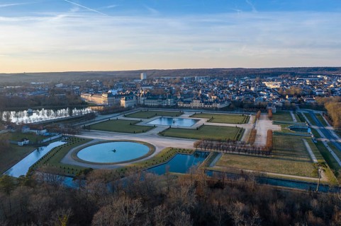 Aerial view of Fontainebleau Castle and Park