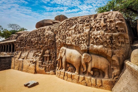 Descent of the Ganges and Arjuna's Penance ancient stone sculpture bas relief