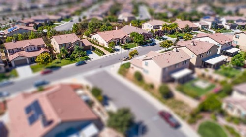 Aerial view of populated neigborhood of houses with tilt-shift blur