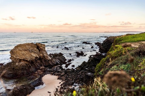 Beautiful landscape and seascape with rock formation in Samoqueira Beach