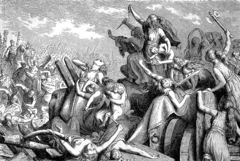 The ancient people of the Cimbri and Teutons defending their chariot castle against the Roman soldiers