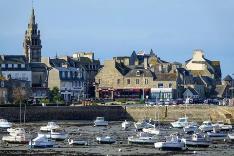 Old town of Roscoff with harbour at low tide