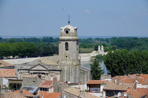 View from the amphitheatre over the old town of Arles with Eglise Saint-Julien and onto the river Rhone
