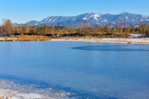 Frozen moor pond with hoarfrost