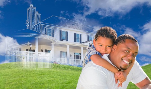 mixed-race father and son with ghosted house drawing