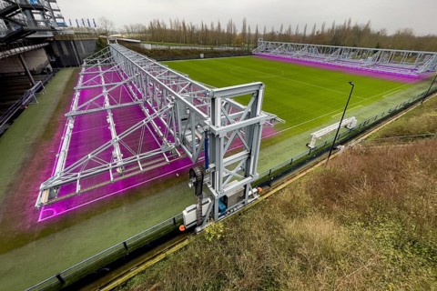 Fully automatic movable LED lighting system for turf growth lighting of stadium driven turf football pitch playing field of Bundesliga club football club FC Schalke 04