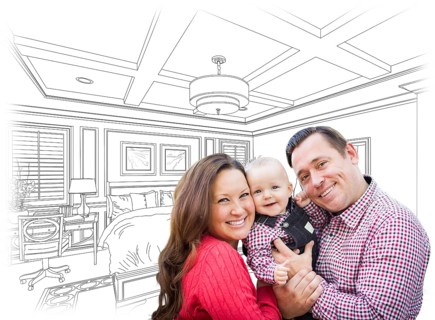 Happy young family with baby over custom bedroom drawing